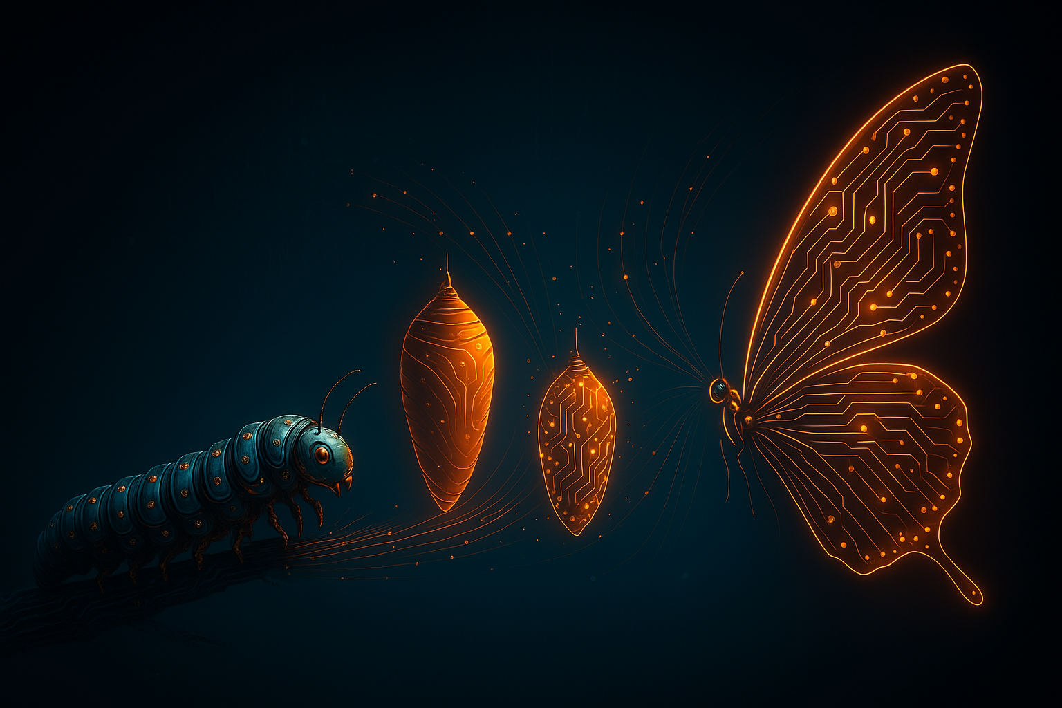 Die drei Phasen der Transformation: Raupe, Metamorphose, Schmetterling